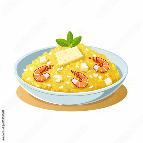 A gourmet bowl of creamy seafood risotto with shrimp, topped with butter and fresh basil. A delicious and savory Italian-inspired meal illustration.