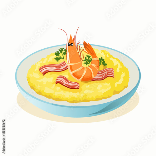 Concept of a gourmet meal a plate of creamy Italian risotto with shrimp, bacon, and parsley. Vector food illustration.