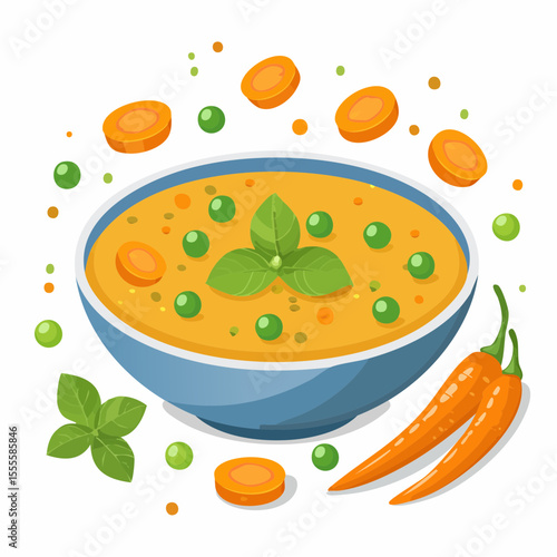 Healthy homemade vegetable soup with carrots, peas, and basil. A nutritious vegetarian puree meal illustration isolated on white.