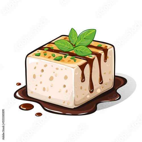 A delicious block of grilled tofu with a savory sauce drizzle and fresh basil garnish. Healthy plant-based meal concept.