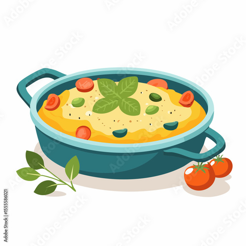 Gourmet casserole dish concept with fresh basil, cherry tomatoes, and olives. Wholesome homemade meal illustration.