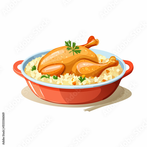 Vector illustration of a golden baked chicken with rice and parsley garnish in a red serving dish, isolated on white. Traditional homemade meal.