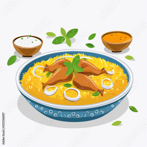 Aromatic chicken biryani, a traditional Indian rice dish with boiled eggs and fresh herbs, served with raita and salan