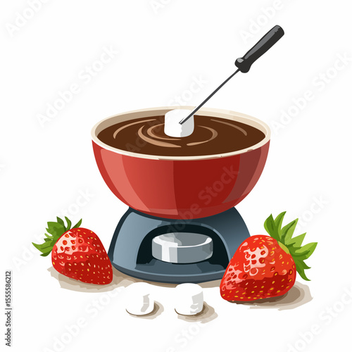 A delicious warm chocolate fondue set with a marshmallow being dipped, accompanied by ripe strawberries for an indulgent dessert.