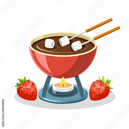 Delicious dessert concept with a red chocolate fondue pot, marshmallows, and fresh strawberries.