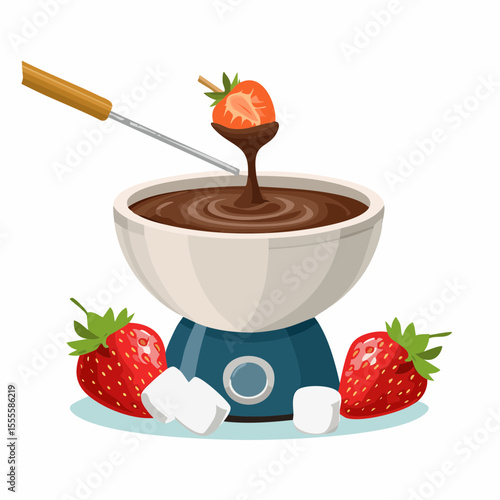 Delicious chocolate fondue illustration with a fresh strawberry being dipped into melted sweet sauce. A perfect indulgent dessert concept.