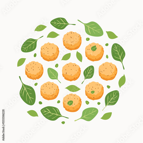 A delightful circular arrangement of falafel or vegetarian meatballs with fresh spinach leaves. A concept for healthy, plant-based, and homemade meals.