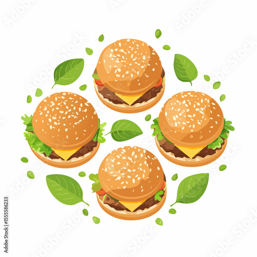 Set of four delicious isometric cheeseburgers with fresh greens. Vector illustration of a classic fast food meal.