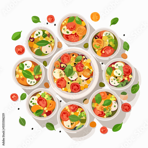 A vibrant assortment of fresh summer salad bowls with cherry tomatoes, mozzarella, and basil, arranged in a circular pattern. Top-down view vector illustration.