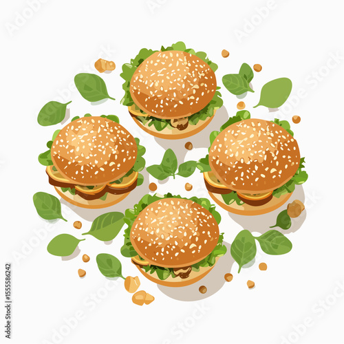 An artistic illustration of four freshly made burgers with sesame seed buns and green lettuce, arranged in a circular pattern on a white background.