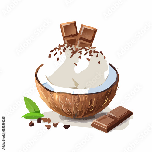 Delicious coconut ice cream with chocolate bar pieces and sprinkles served in a fresh coconut shell. A gourmet tropical dessert.