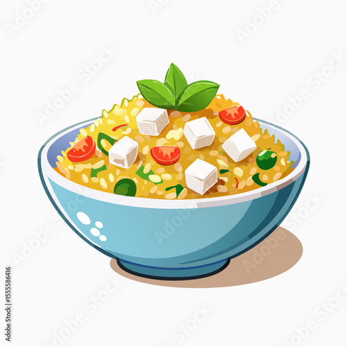 Fresh Mediterranean grain salad with feta cheese, tomatoes, and basil in a bowl. Healthy vegetarian meal concept.