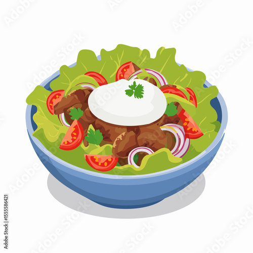 A fresh and delicious Mexican salad bowl with seasoned meat, lettuce, tomatoes, onions, and cream, a nutritious meal concept.