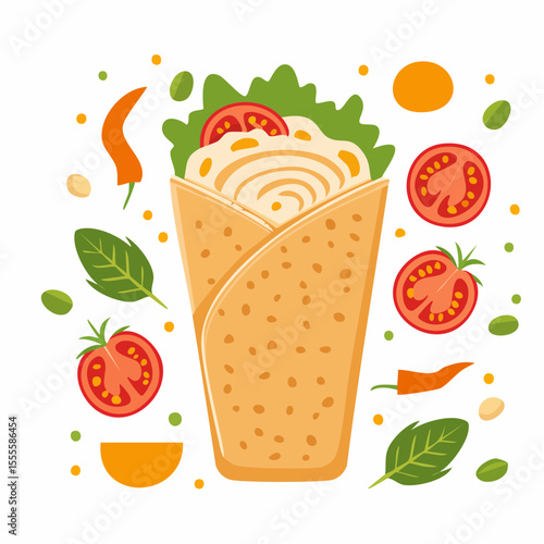 Delicious and fresh shawarma wrap illustration with flying ingredients. Healthy street food or lunch concept with tomato, chili, and greens.