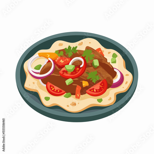 Illustration of a traditional Mexican fajita platter with grilled meat, fresh tomatoes, onions, and peppers on a tortilla.