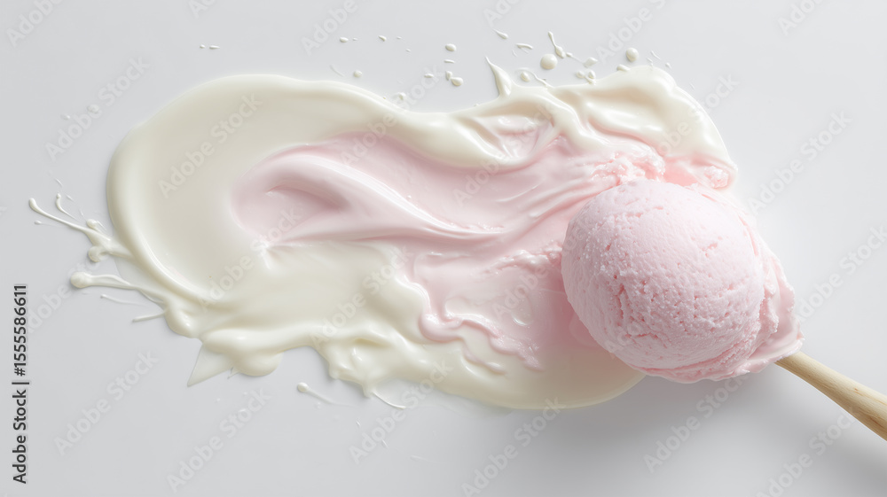 A clean and simple composition of a melted scoop of chocolate ice cream with creamy texture spreading across a white surface A clean and simple composition of a melted scoop of chocolate ice cream with creamy texture spreading across a white surface