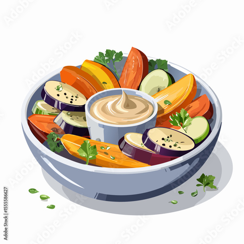 Vector illustration of a healthy appetizer platter with assorted raw vegetables like eggplant, tomato, and carrot with a dipping sauce