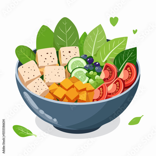 Illustrated healthy salad bowl with tofu, spinach, tomatoes, and mango. Concept of a balanced, plant-based diet.