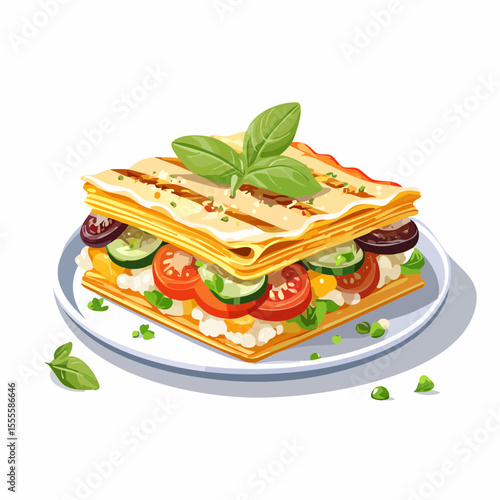 Delicious slice of vegetarian lasagna with fresh tomato, cucumber, and basil served on a white plate