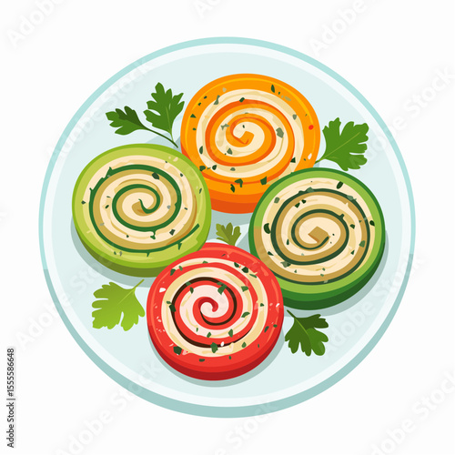 A delicious assortment of colorful savory roll-ups with cream filling and herbs, served on a plate as an appetizer