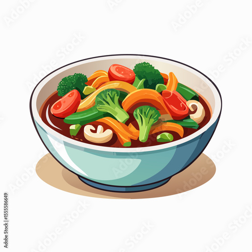 A colorful bowl of fresh vegetable stir-fry with broccoli, peppers, and mushrooms, a delicious and healthy meal illustration