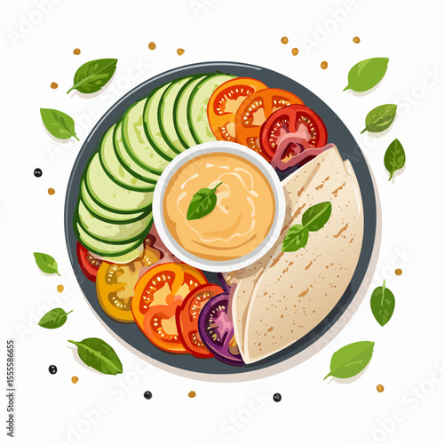 An overhead view of a healthy Mediterranean platter featuring a bowl of hummus dip, sliced vegetables, and pita bread, garnished with fresh basil.