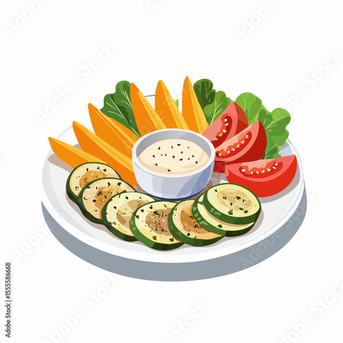 A fresh vegetable platter with grilled zucchini, tomatoes, and dipping sauce. Concept of healthy eating and vegetarian appetizers.