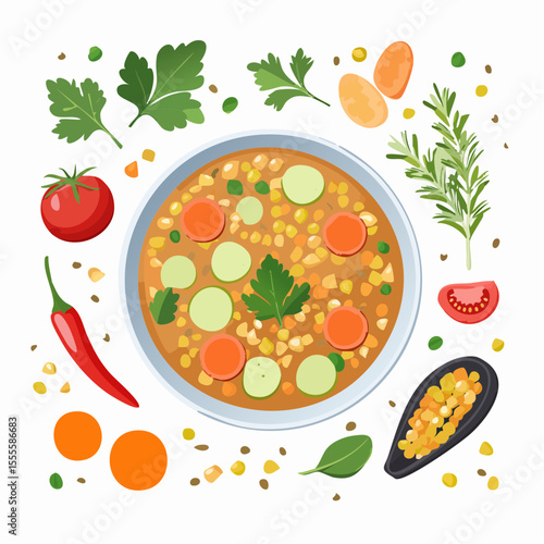 A nourishing bowl of homemade vegetable soup with fresh ingredients. A flat lay illustration concept for healthy eating and cooking.