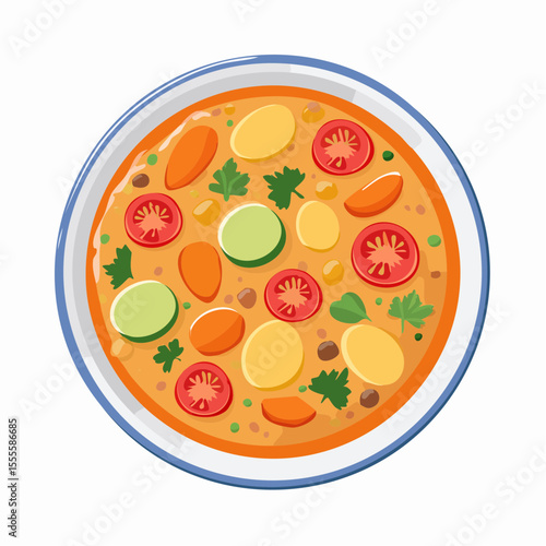 Wholesome homemade vegetable soup in a bowl, a nutritious and healthy meal. Flat vector illustration from a top-down view.