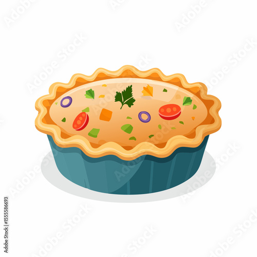 A savory vegetable pie with a golden fluted crust, baked in a blue dish. Vector illustration of a homemade quiche isolated on white.