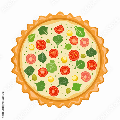 Top view vector illustration of a homemade vegetable quiche with fresh tomatoes, spinach, and a savory flaky crust