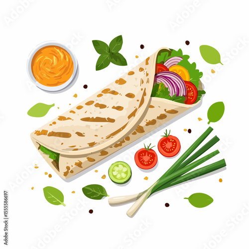 A freshly prepared tortilla wrap filled with healthy vegetables like tomatoes, lettuce, and onions, served with a dipping sauce. A delicious meal concept.