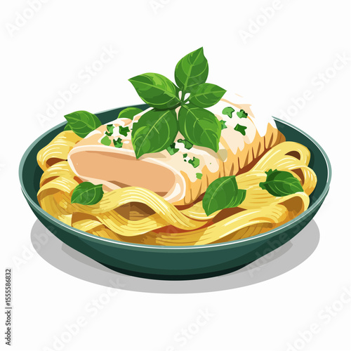 A gourmet bowl of fettuccine pasta with creamy chicken and garnished with fresh basil. An illustration of a classic Italian dish.
