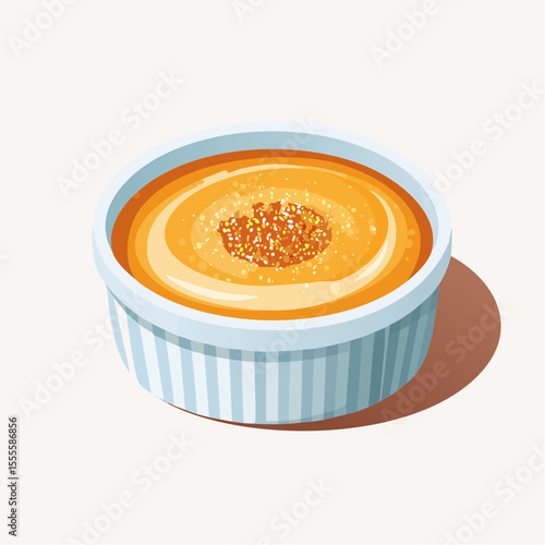 Gourmet crème brûlée with a golden caramelized sugar crust, served in a classic striped ramekin. A delicious French custard dessert illustration.