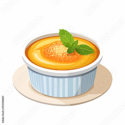 Delicious baked custard dessert in a ramekin, garnished with fresh mint leaves. A gourmet sweet treat illustration isolated on white.
