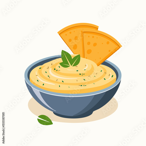 Bowl of traditional hummus dip with fresh herbs and pita bread. Vector illustration of a healthy Mediterranean appetizer.