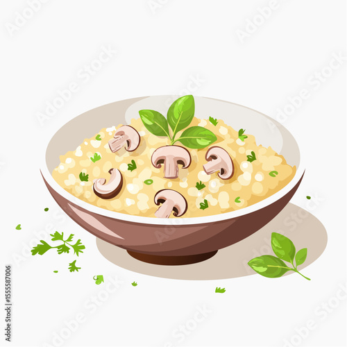 A delicious bowl of creamy Italian mushroom risotto garnished with fresh sliced mushrooms and basil leaves. A vector illustration of a traditional gourmet meal.