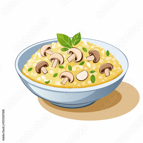 A gourmet bowl of creamy mushroom risotto garnished with fresh basil leaves. A classic Italian cuisine concept.