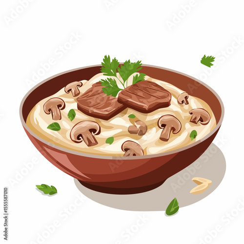 A savory bowl of creamy polenta or soup with tender beef and champignon mushrooms, garnished with fresh parsley. A delicious meal illustration.