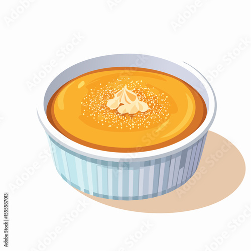 Delicious homemade pumpkin custard in a white ramekin. A sweet seasonal comfort food dessert topped with whipped cream and sugar.