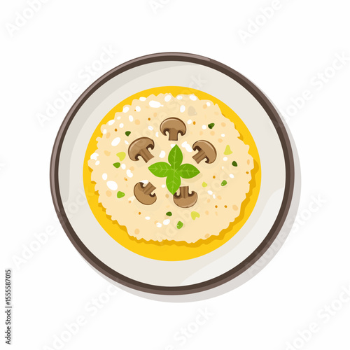 A gourmet plate of creamy mushroom risotto with fresh basil, an authentic Italian dish. Top-down view of a classic meal, vector illustration isolated on white.