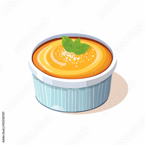 Delicious homemade vanilla custard dessert in a blue ceramic ramekin, garnished with fresh mint leaves and sugar sprinkles. A classic sweet treat.