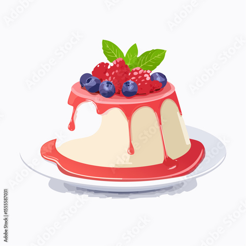 Gourmet panna cotta dessert with dripping berry sauce, topped with fresh raspberries, blueberries, and mint leaves. An elegant sweet indulgence.