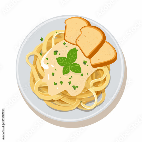 Classic Italian fettuccine pasta with creamy sauce, fresh basil, and toast on a plate. Top view vector illustration.
