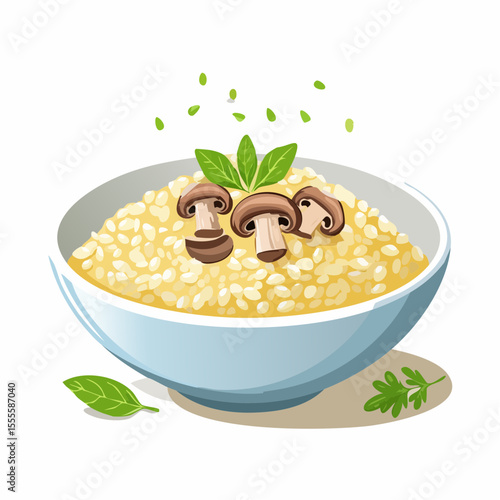 A delicious bowl of creamy mushroom risotto, a classic homemade Italian dish garnished with fresh basil leaves.
