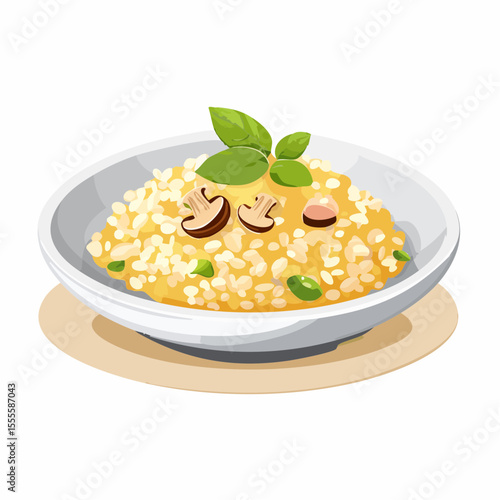 A delicious plate of creamy mushroom risotto, a traditional Italian dish garnished with fresh basil. Culinary vector illustration.