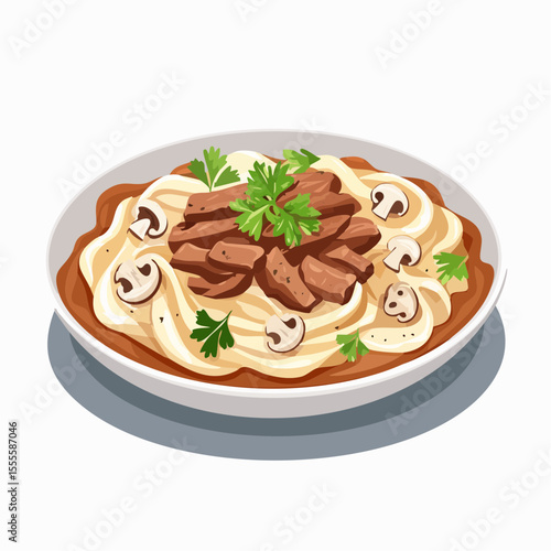 A gourmet bowl of creamy pasta with savory beef slices, mushrooms, and fresh parsley. Vector illustration of a classic European dish.