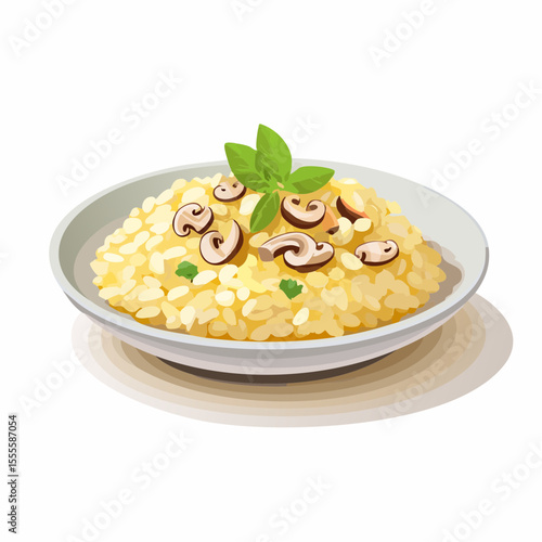 A delicious bowl of classic Italian mushroom risotto garnished with fresh basil leaves, isolated on a white background vector illustration.