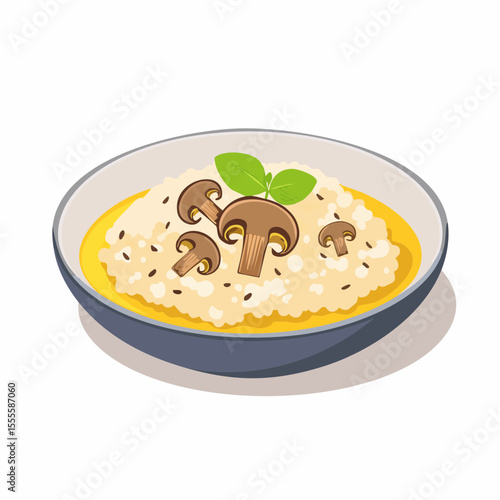 A delicious bowl of creamy Italian mushroom risotto garnished with fresh basil. A classic gourmet rice dish illustration.