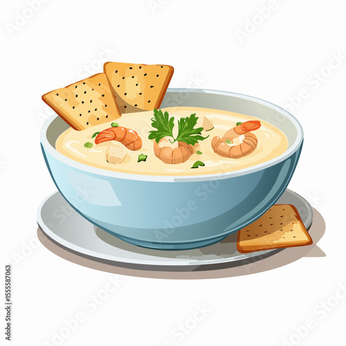 A comforting bowl of creamy shrimp chowder, a delicious seafood soup garnished with fresh parsley and served with crackers.